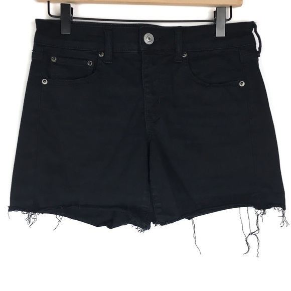 AMERICAN EAGLE Midi Jean Shorts Cut Off Raw Distressed Hem Black Wash Size 4 - Picture 1 of 10